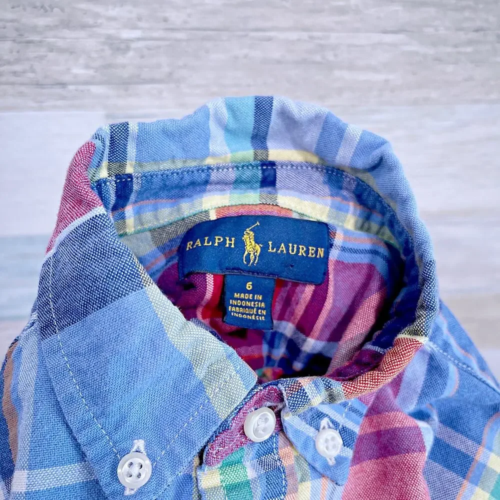 Ralph Lauren Long Sleeve Oxford Shirt Blue Red Plaid Button Up Cotton Boys 6